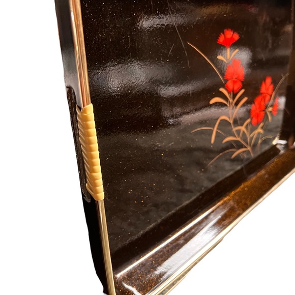 Toyo Black Plastic Tray w/ Red Flower Graphics Gold Trim Asian Faux Lacquerware - Picture 2 of 10